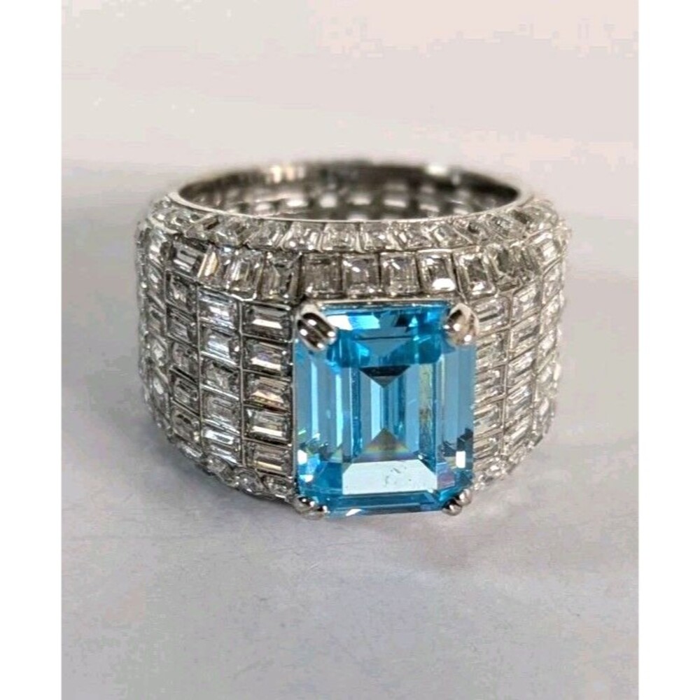 Emerald Cut Lab Created Blue Sapphire Baguette Eternity Ring  Silver Size 5